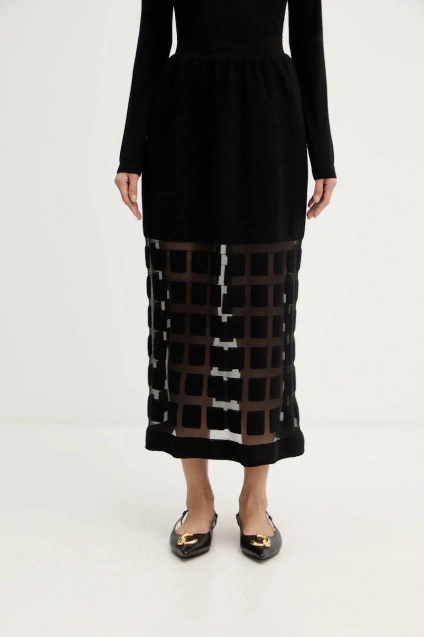 Vlnená sukňa Liviana Conti čierna farba, midi, áčkový strih, L5WA78