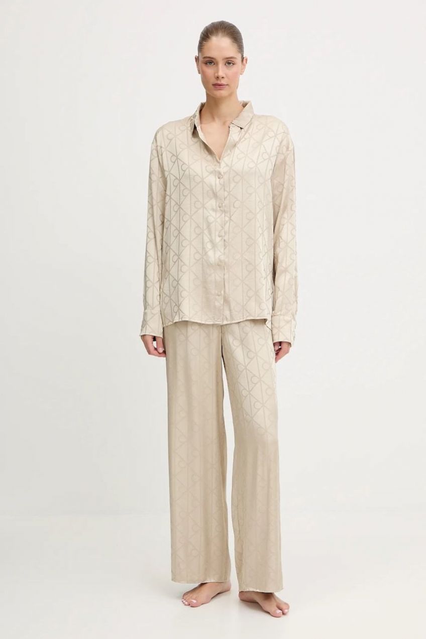 Pyžamo Calvin Klein Underwear dámske, béžová farba, saténové, LV00QS7574