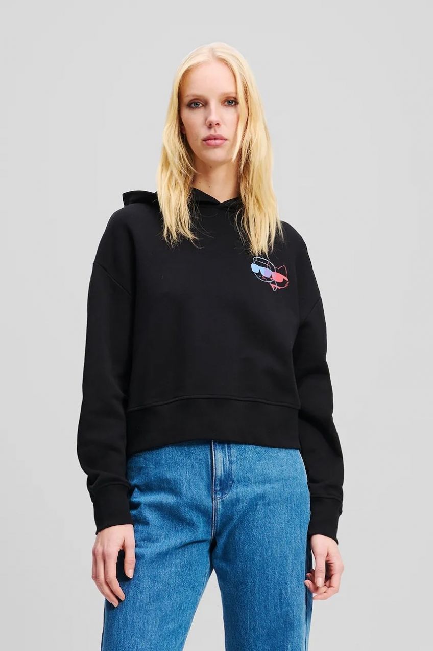 Bavlnená mikina Karl Lagerfeld IKON dámska, čierna farba, s kapucňou, s potlačou, A2W20072