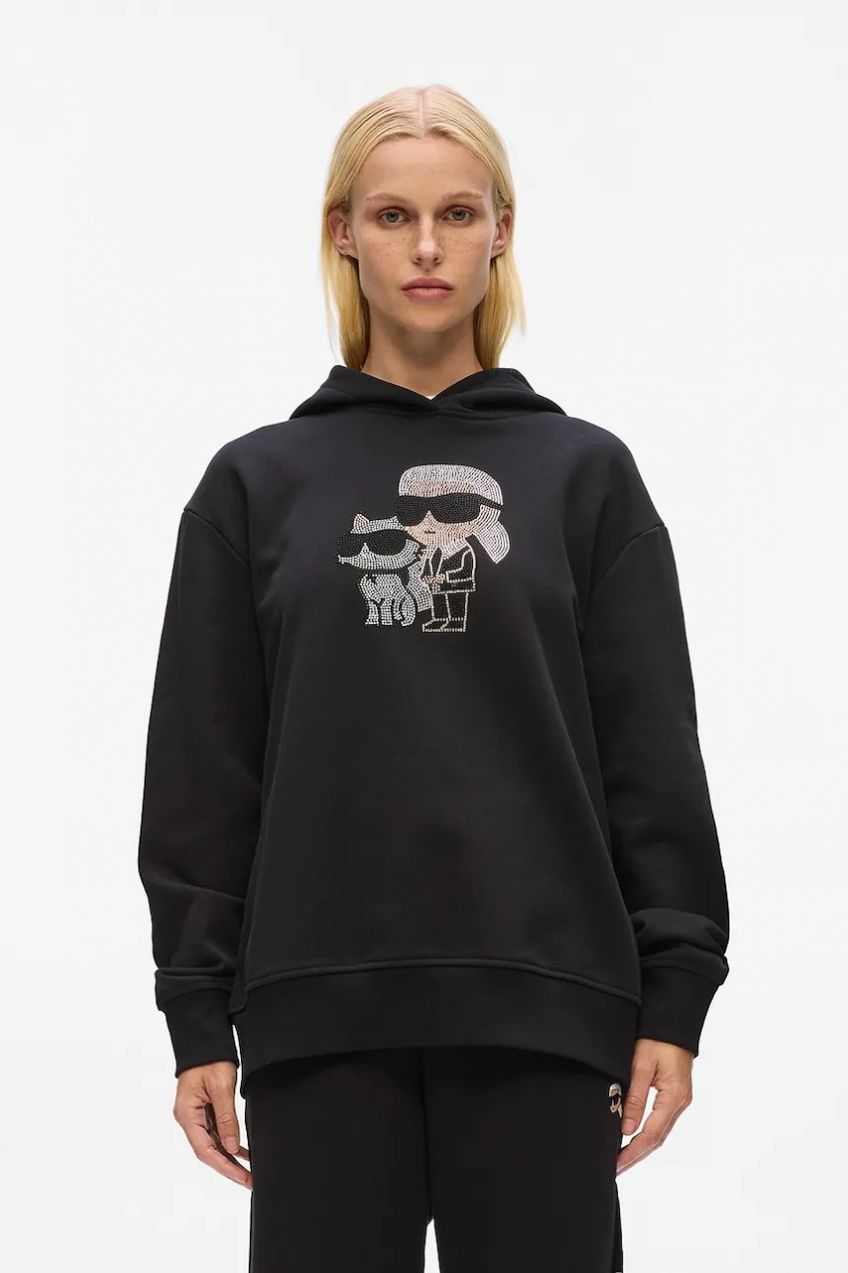 Bavlnená mikina Karl Lagerfeld IKON čierna farba, s kapucňou, s nášivkou, A4W20070