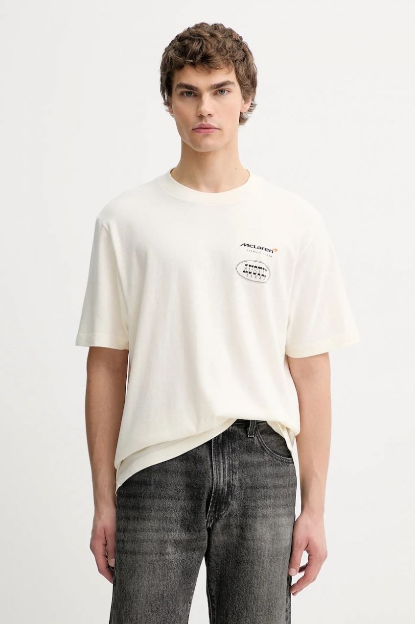 Bavlnené tričko Abercrombie & Fitch pánske, béžová farba, s potlačou, KI123-5257-100