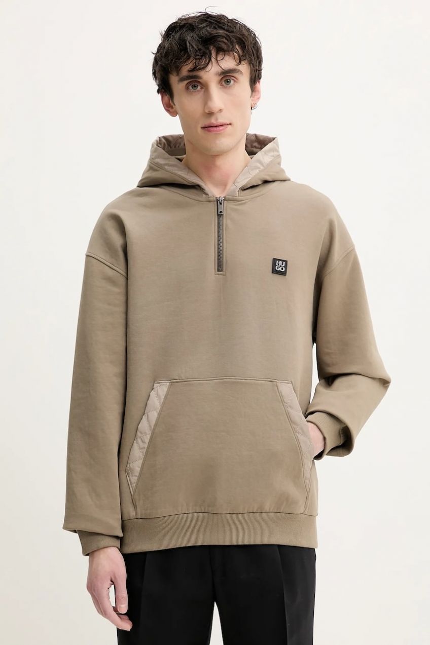 Mikina HUGO pánska, béžová farba, s kapucňou, jednofarebná, 50536348