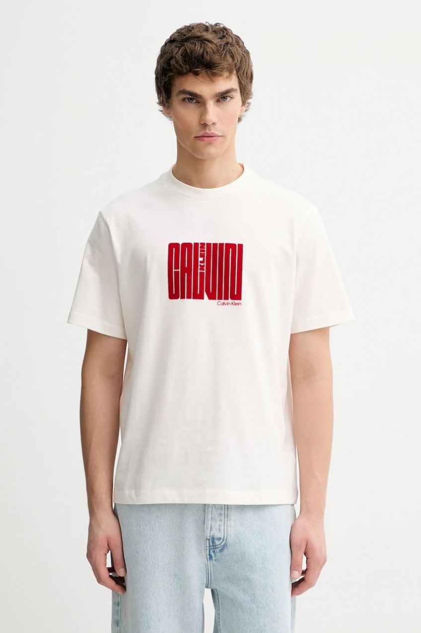 Bavlnené tričko Calvin Klein pánske, béžová farba, s potlačou, LV04RE832G