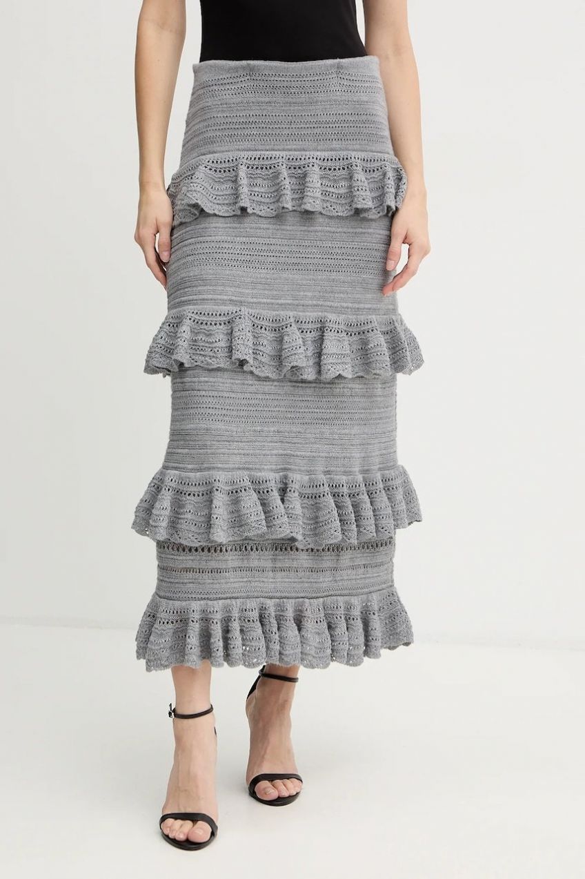 Vlnená sukňa Luisa Spagnoli šedá farba, midi, rovný strih, 100223