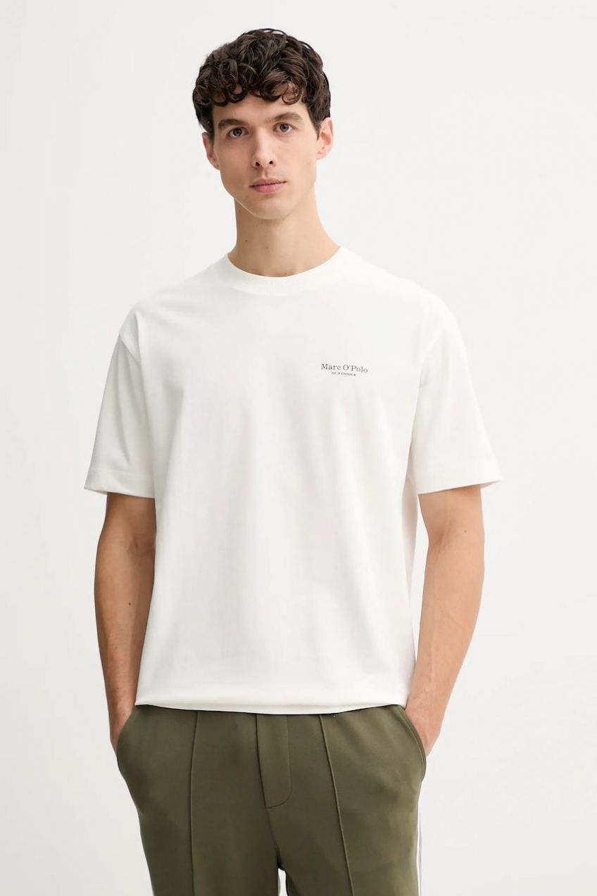 Bavlnené tričko Marc O'Polo pánske, béžová farba, s potlačou, 620206451044