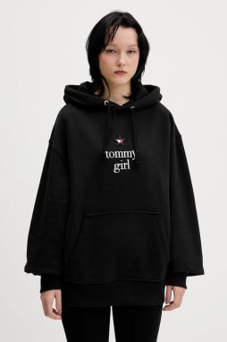 Bavlnená mikina Tommy Jeans čierna farba, s kapucňou, s nášivkou, DN0DN00099