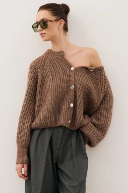 Kardigán s prímesou vlny Bizuu ORNAMY hnedá farba, ORNAMY BRĄZOWY