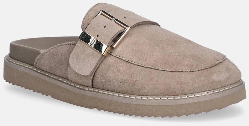 Semišové šľapky Tommy Hilfiger TH BUCKLE FUR SUEDE MULE béžová farba, FW0FW09083