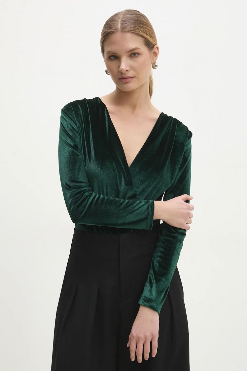 Zamatové body Answear.LAB zelená farba, jednofarebná