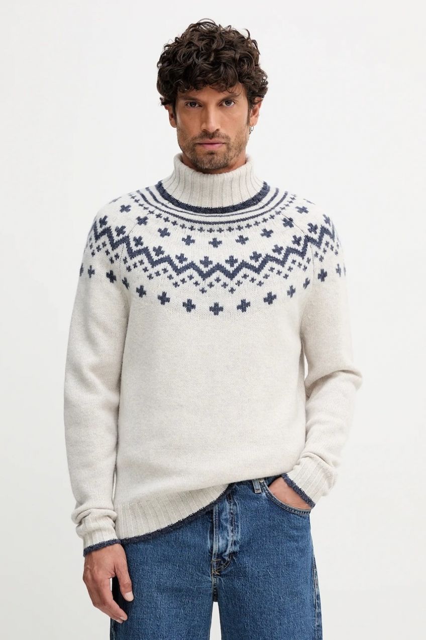 Vlnený sveter Barbour HEWTON béžová farba, teplý, s rolákom, MKN1672