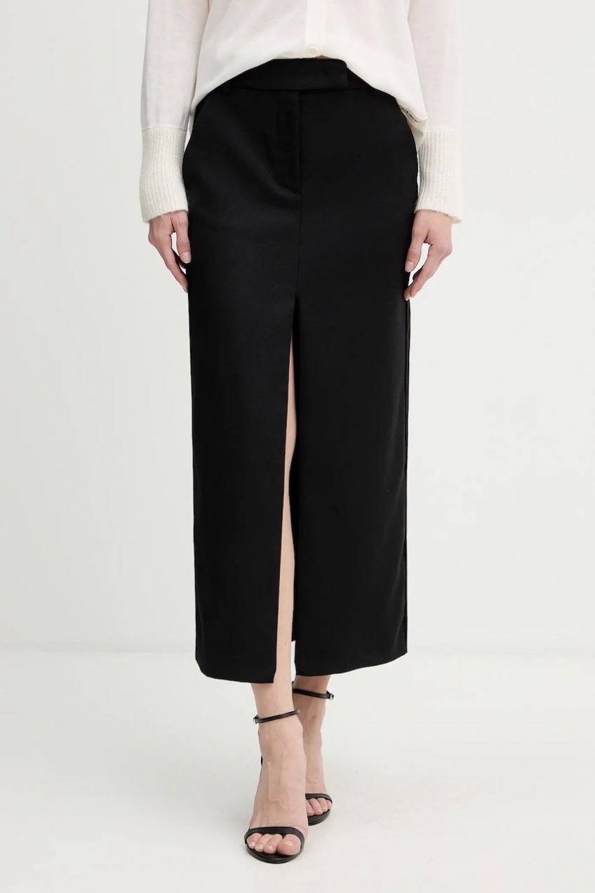 Sukňa s prímesou vlny Pinko čierna farba, midi, puzdrová, 106134 A30C