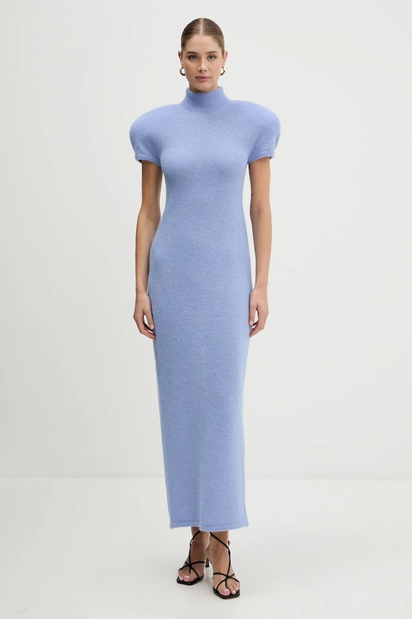 Šaty s prímesou vlny La Mania NOIR modrá farba, maxi, priliehavé, NOIR