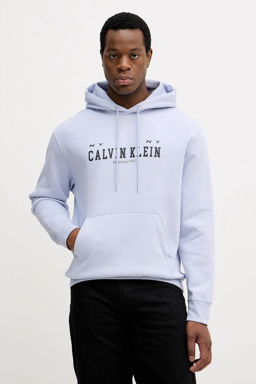 Mikina Calvin Klein Jeans modrá farba, s kapucňou, s potlačou, LV04RE251G