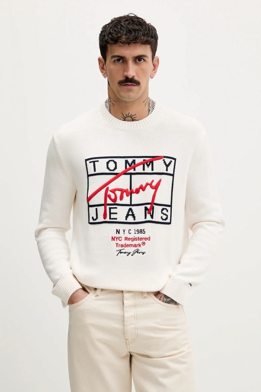 Bavlnený sveter Tommy Jeans béžová farba, DM0DM22401