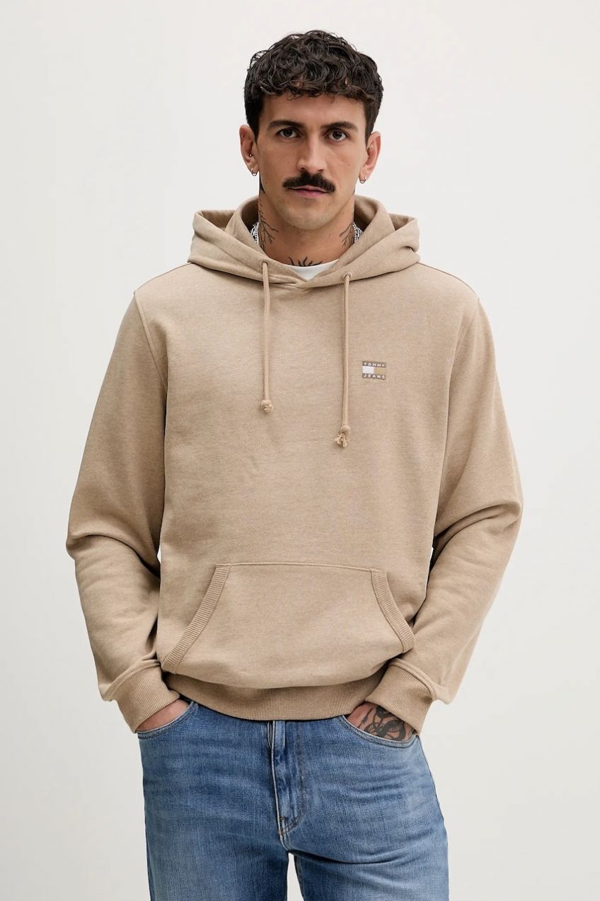 Mikina Tommy Jeans béžová farba, s kapucňou, melanžová, DM0DM22666