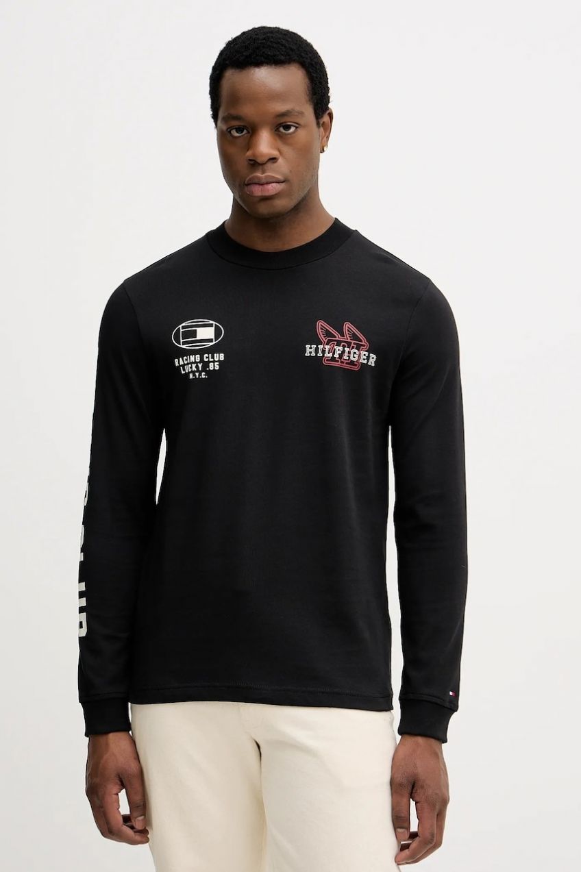 Bavlnené tričko s dlhým rukávom Tommy Hilfiger čierna farba, s potlačou, MW0MW41467