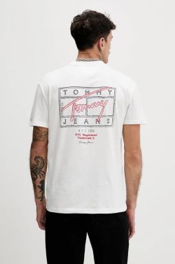 Bavlnené tričko Tommy Jeans pánske, biela farba, s potlačou, DM0DM22319