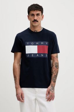 Bavlnené tričko Tommy Jeans pánske, tmavomodrá farba, s potlačou, DM0DM22645