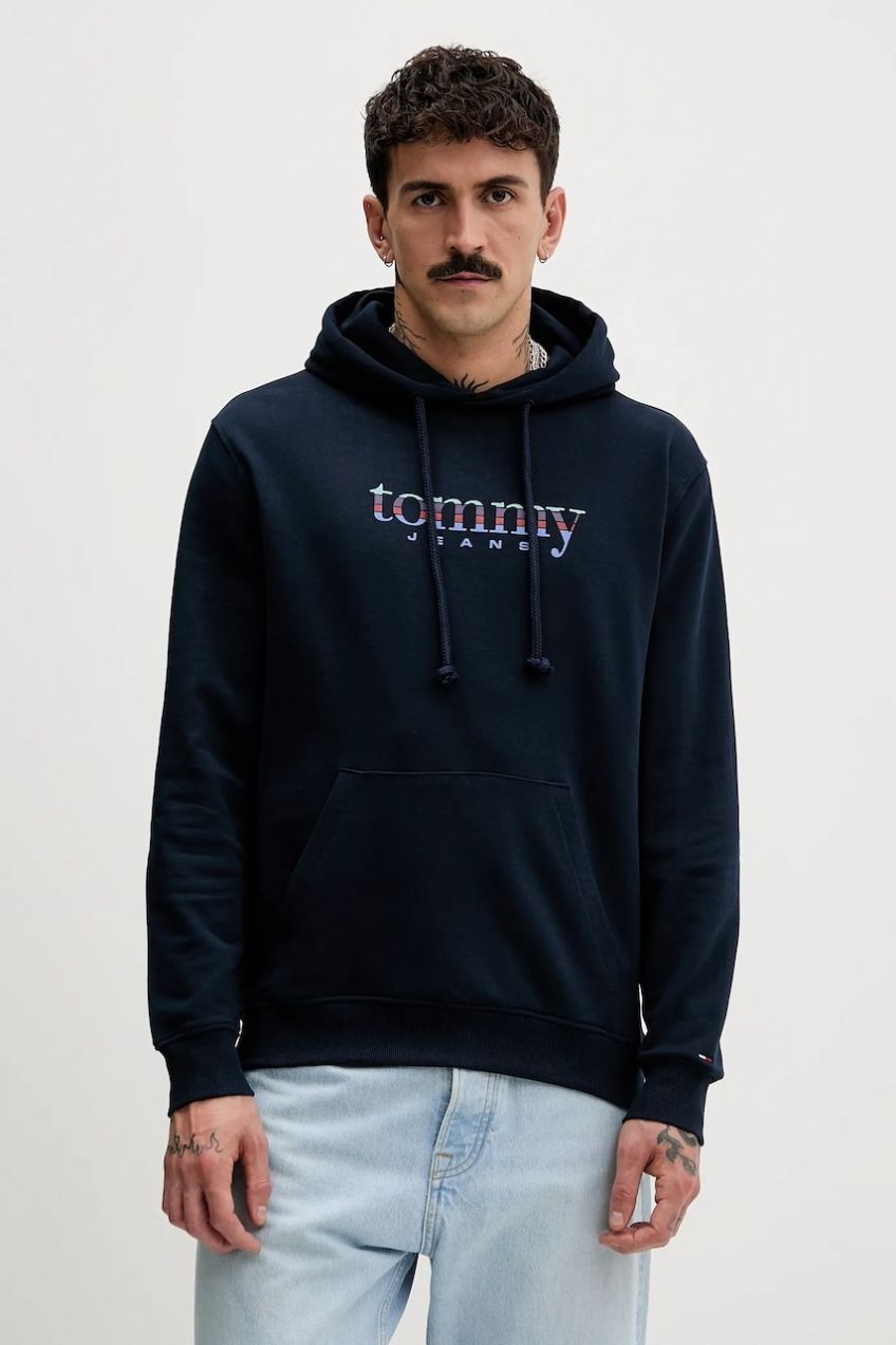 Bavlnená mikina Tommy Jeans tmavomodrá farba, s kapucňou, jednofarebná, DM0DM22642