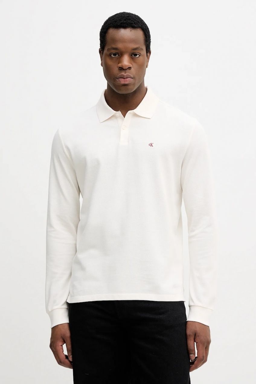 Bavlnené tričko s dlhým rukávom Calvin Klein Jeans béžová farba, jednofarebné, LV04RE201G