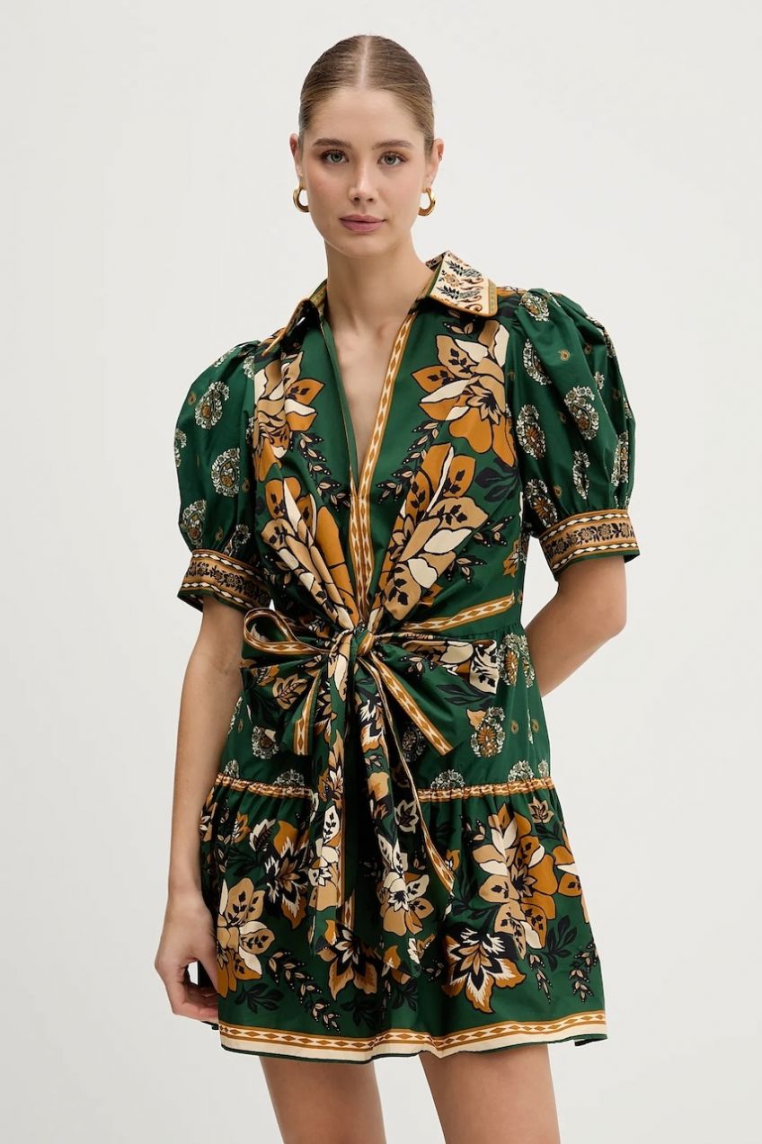 Bavlnené šaty Farm Rio zelená farba, mini, áčkový strih, 351134