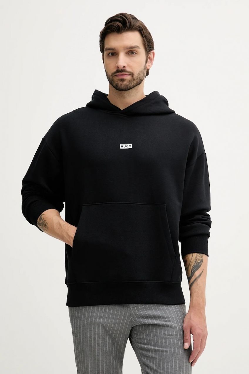 Bavlnená mikina Hugo Blue čierna farba, s kapucňou, s potlačou, 50510724