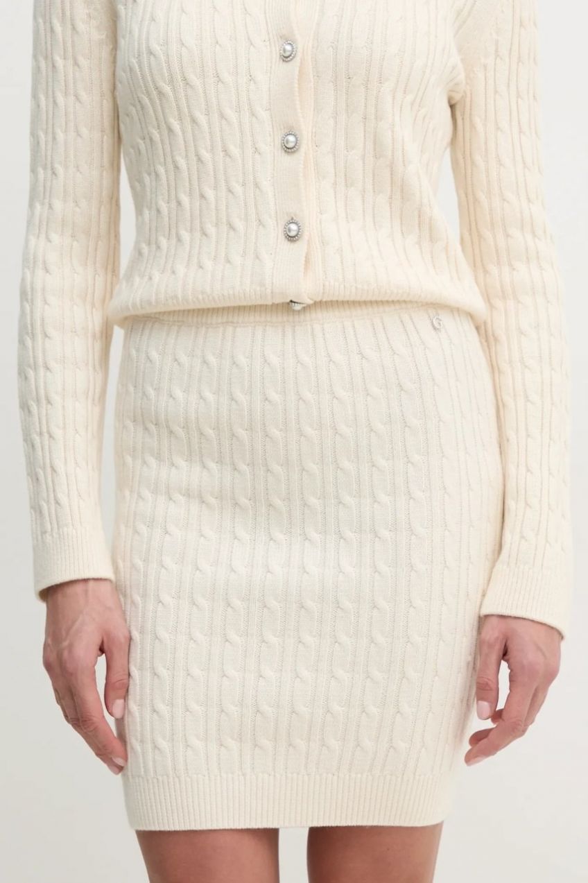 Sukňa s prímesou vlny Guess SIENNA béžová farba, mini, rovný strih, W5RD0L Z37L1