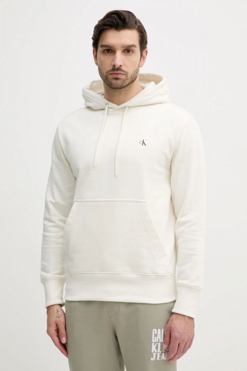 Bavlnená mikina Calvin Klein Jeans pánska, béžová farba, s kapucňou, s potlačou, J30J327526