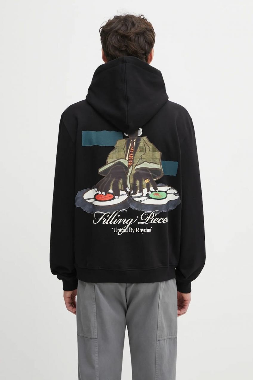 Bavlnená mikina Filling Pieces Hoodie DJ čierna farba, s kapucňou, s potlačou, 422532501241