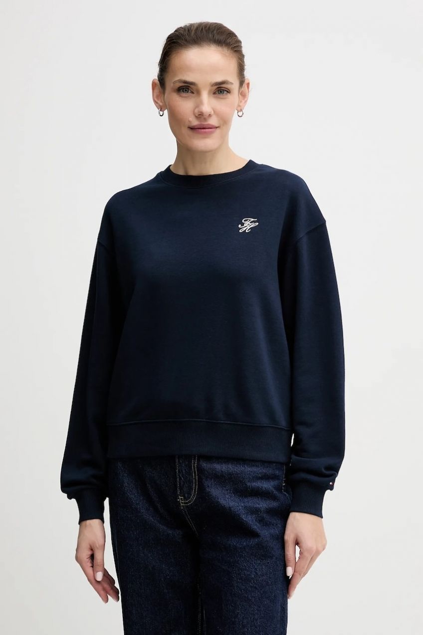 Mikina Tommy Hilfiger tmavomodrá farba, s nášivkou, WW0WW49418