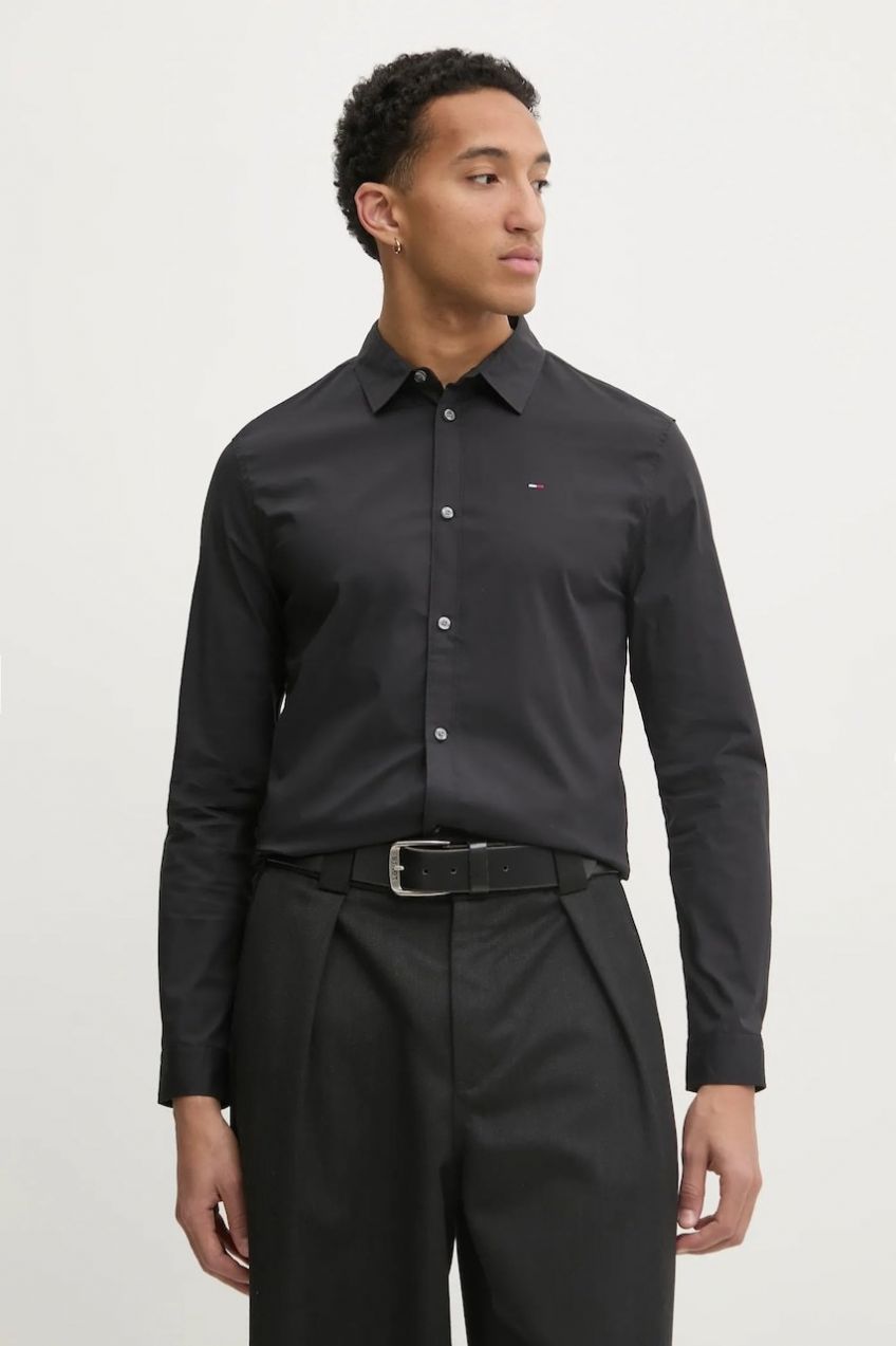 Košeľa Tommy Jeans pánska, čierna farba, slim, s klasickým golierom, DM0DM04405