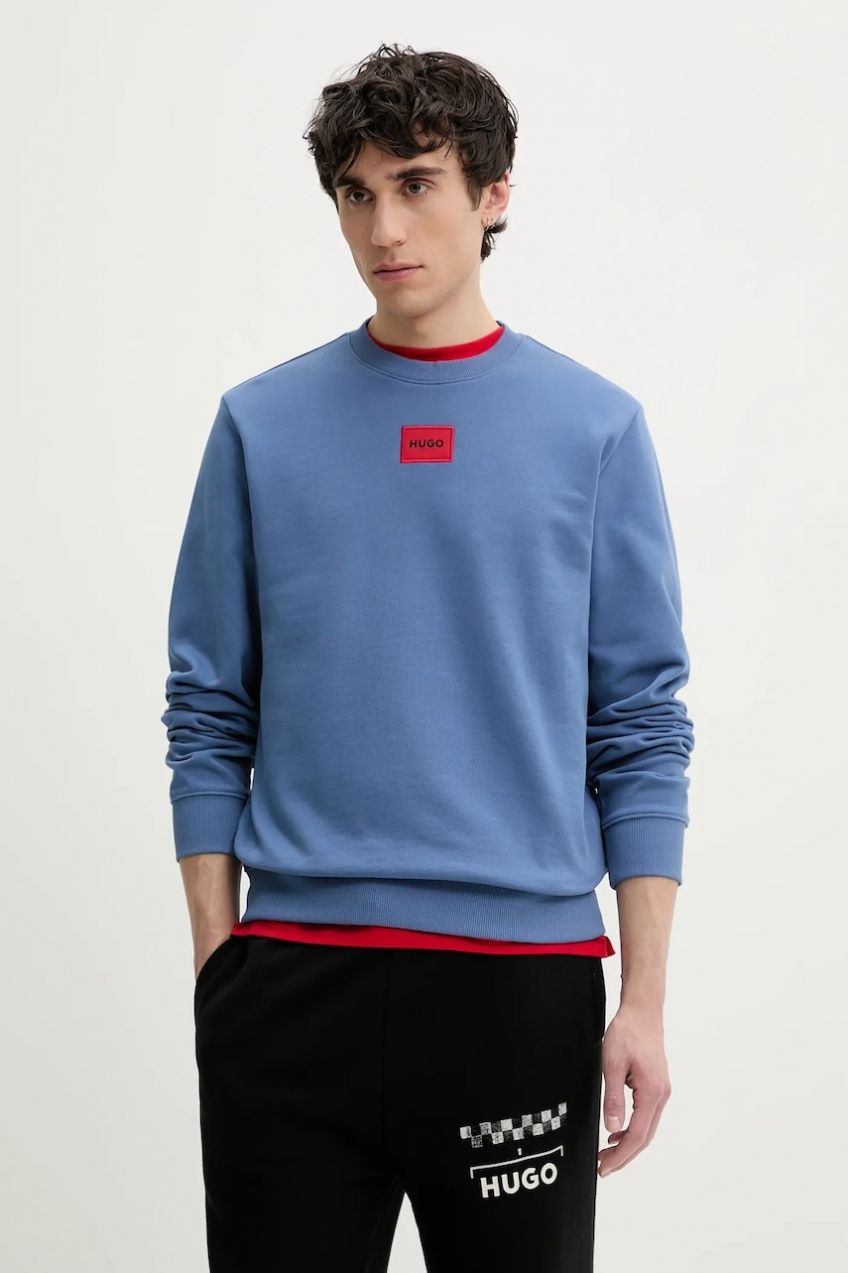 Bavlnená mikina HUGO Diragol212 pánska, tyrkysová farba, s nášivkou, 50447964