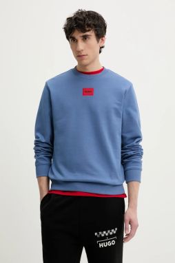 Bavlnená mikina HUGO Diragol212 pánska, tyrkysová farba, s nášivkou, 50447964