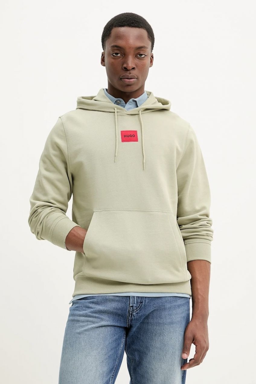 Bavlnená mikina HUGO Daratschi214 pánska, zelená farba, s kapucňou, s nášivkou, 50458700