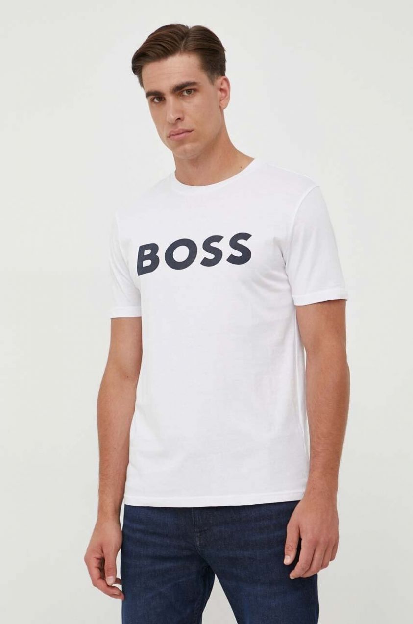 Bavlnené tričko BOSS BOSS CASUAL Thinking 1 pánske, béžová farba, s potlačou, 50481923