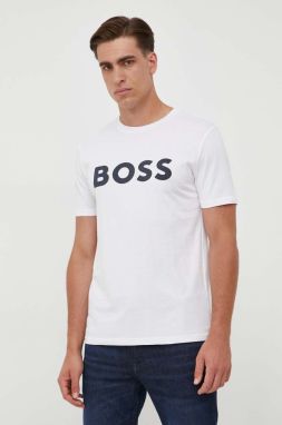 Bavlnené tričko BOSS BOSS CASUAL Thinking 1 pánske, béžová farba, s potlačou, 50481923