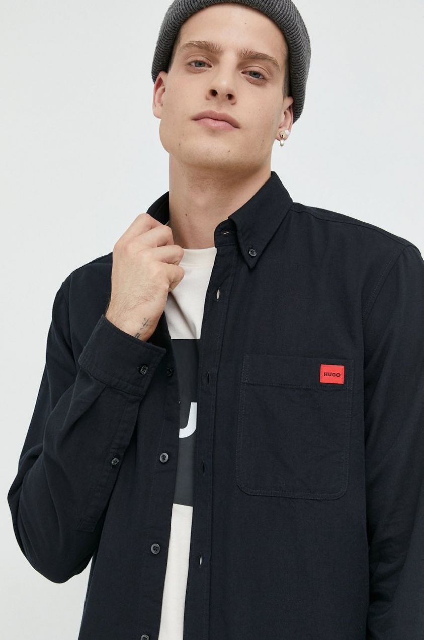 Bavlnená košeľa HUGO Evito pánska,čierna farba,slim,s golierom button-down,50479302