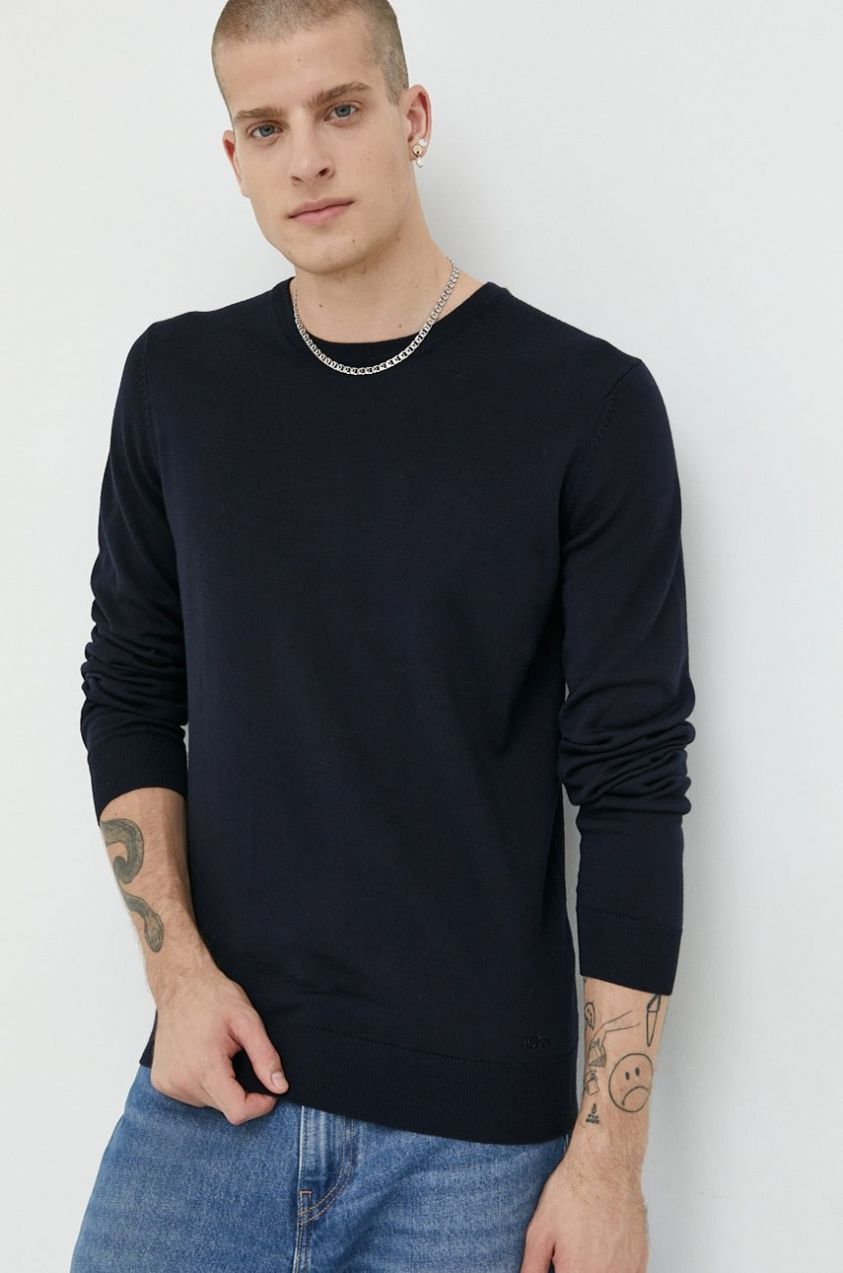 Vlnený sveter HUGO San Cedric-M1 pánsky, tmavomodrá farba, tenký,