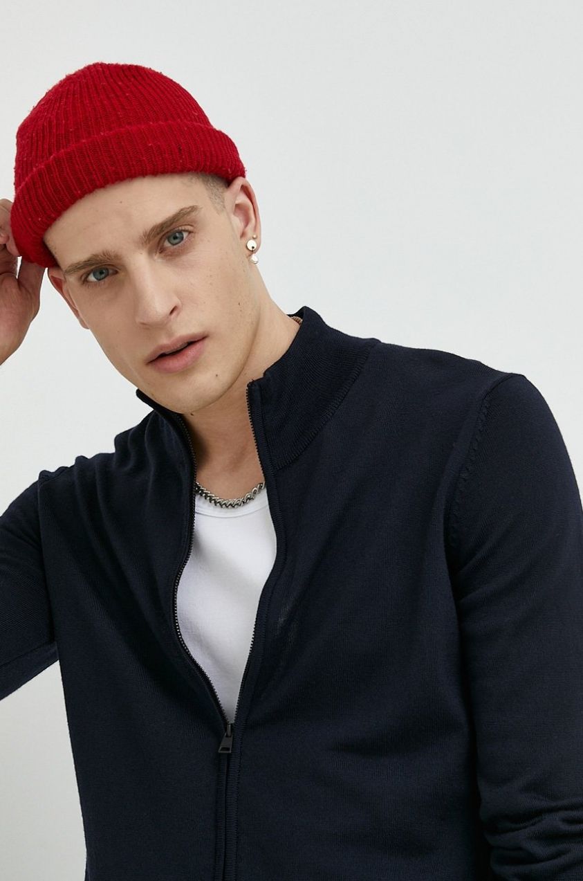 Vlnený kardigán HUGO San Jorge-M tmavomodrá farba