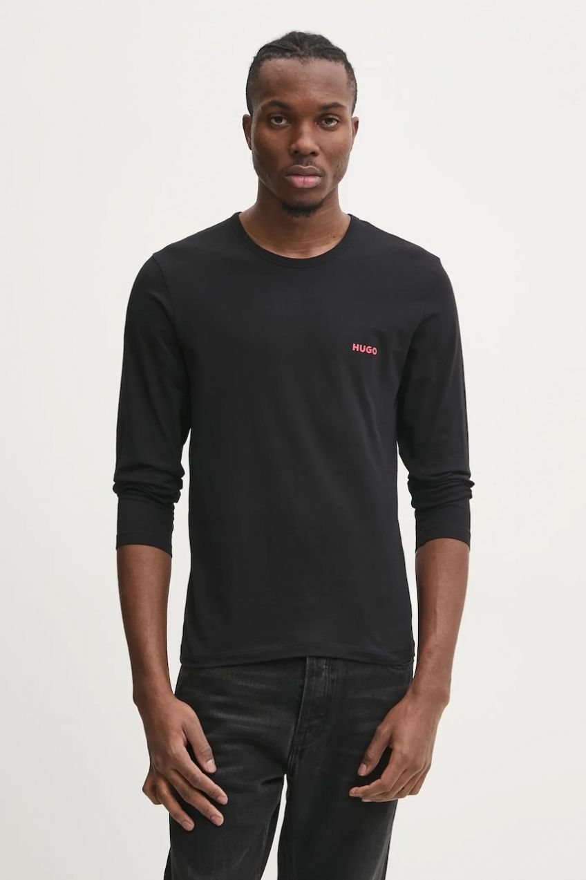 Bavlnené tričko s dlhým rukávom HUGO 3-pak LS-SHIRT RN TRIPLET čierna farba, s potlačou, 50492631