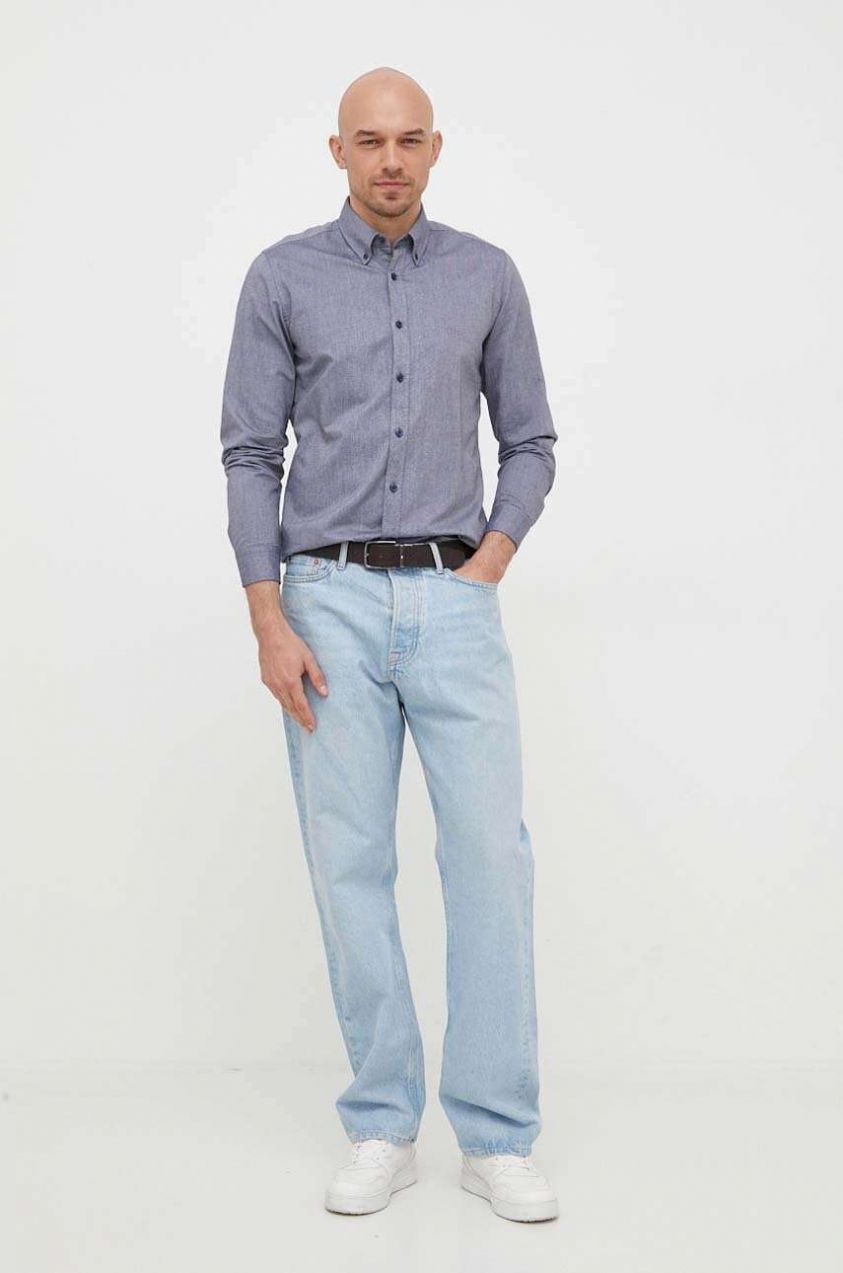 Bavlnená košeľa BOSS BOSS ORANGE pánska,tmavomodrá farba,regular,s talianskym golierom,50489341