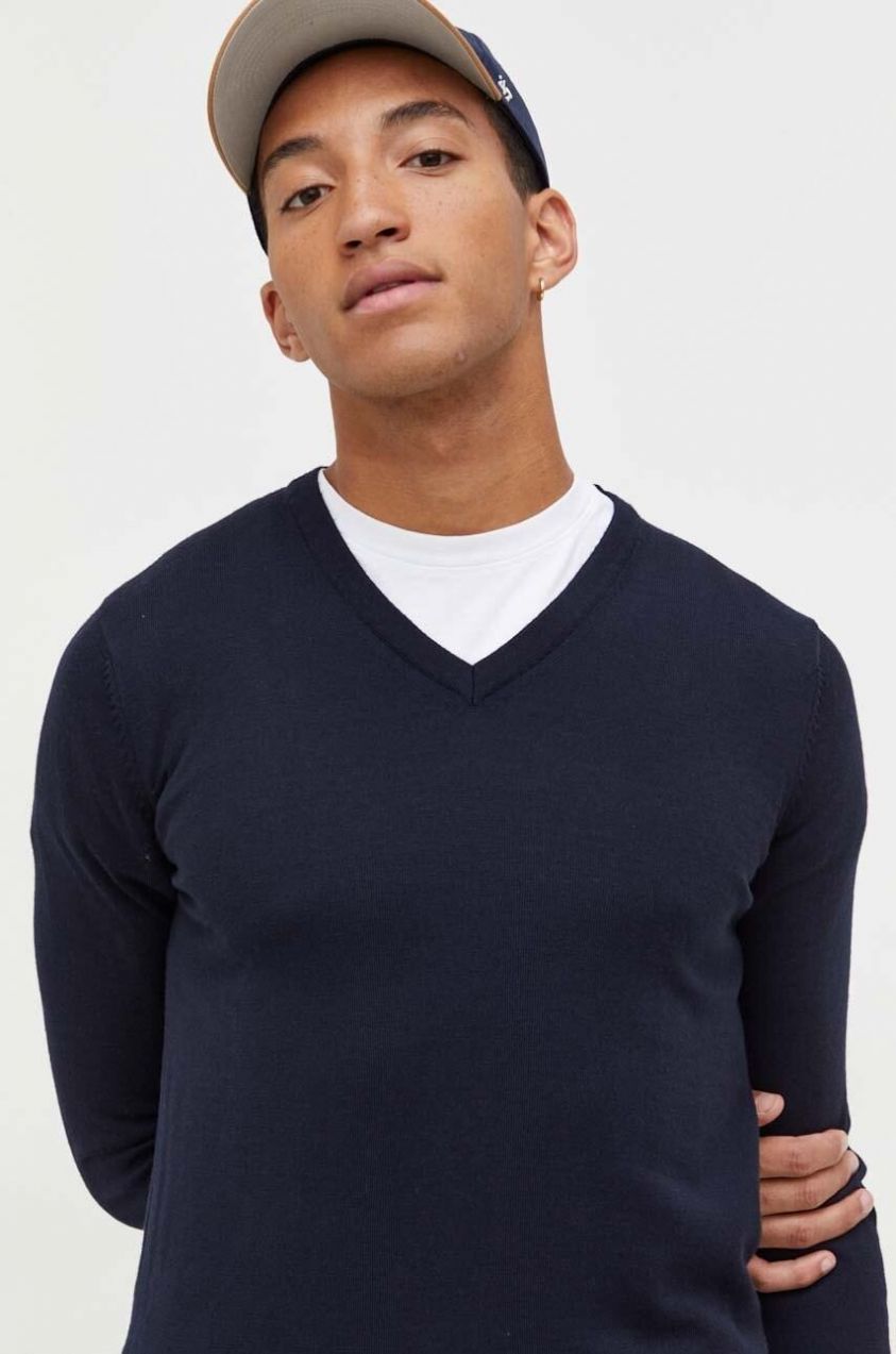 Vlnený sveter HUGO San Vredo-M pánsky, tmavomodrá farba, tenký