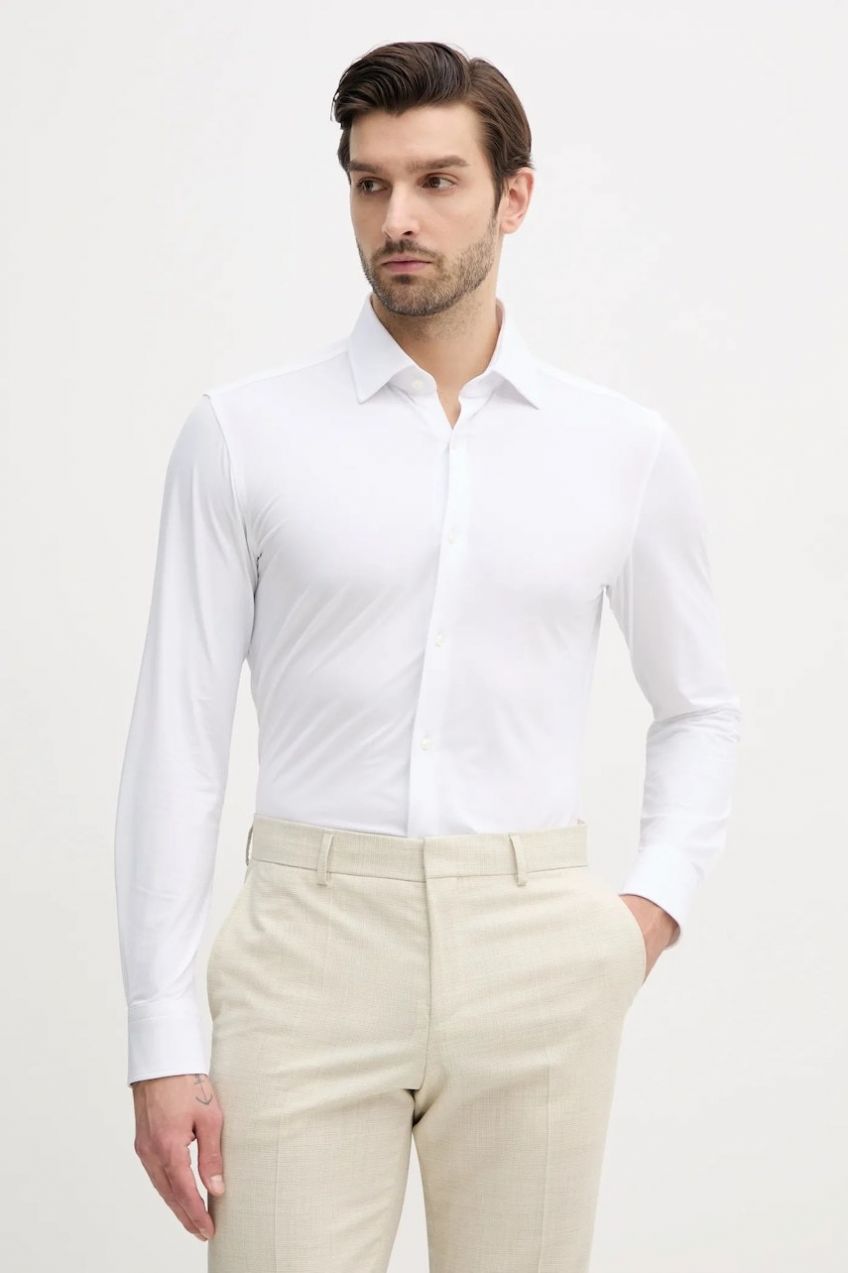 Košeľa BOSS P-HANK-kent-C1-222 pánska, biela farba, slim, s klasickým golierom