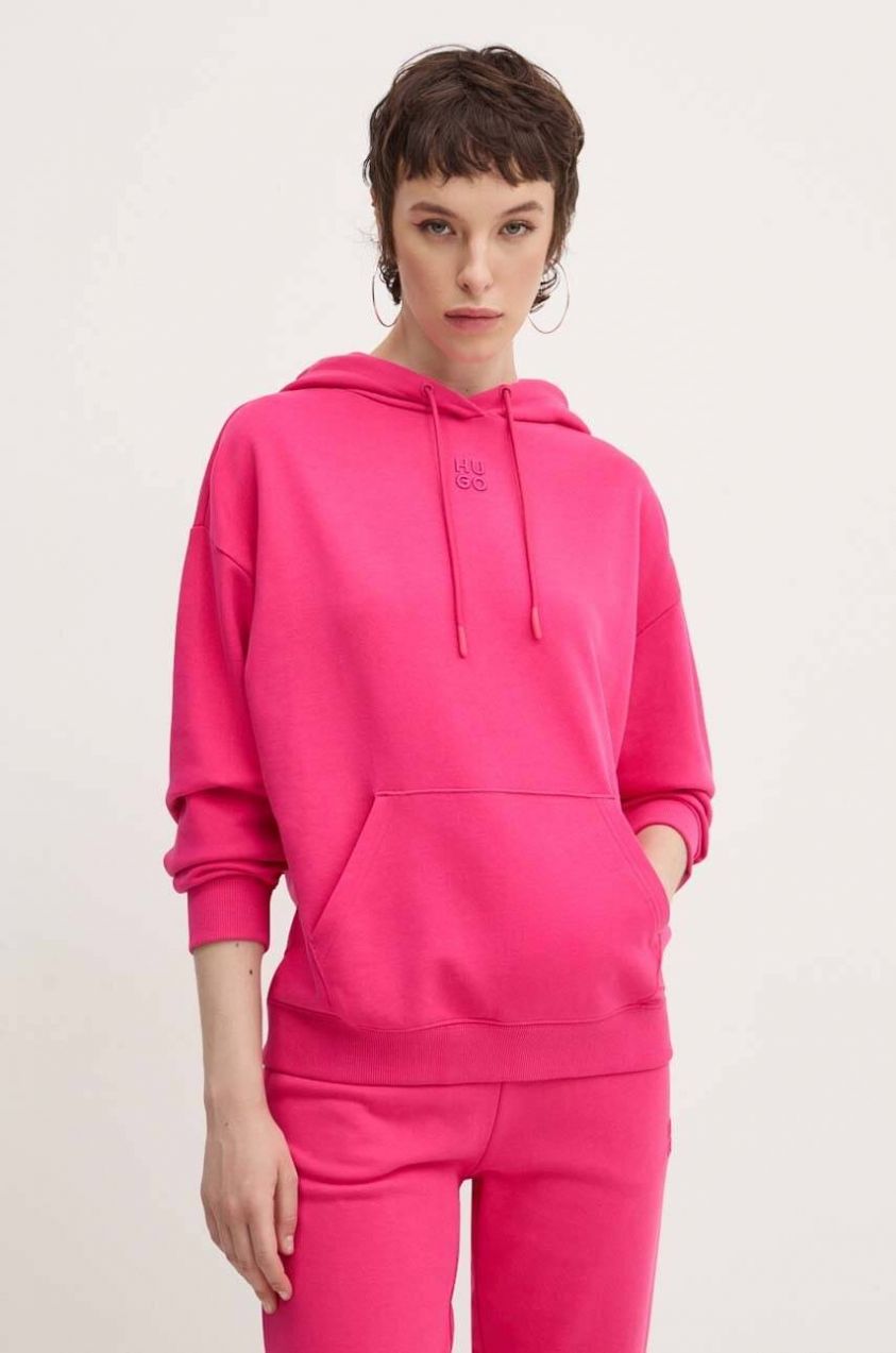 Bavlnená mikina HUGO Delfinia dámska, ružová farba, s kapucňou, s nášivkou, 50522423