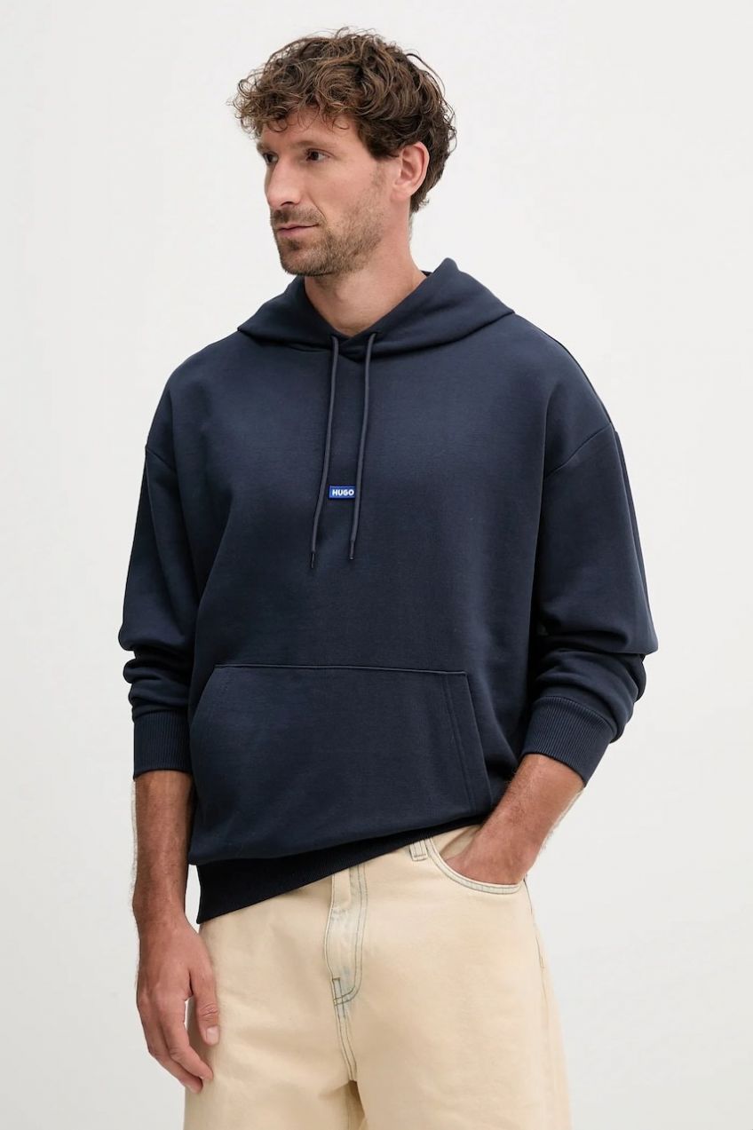 Bavlnená mikina Hugo Blue Nalonso béžová farba, s kapucňou, jednofarebná