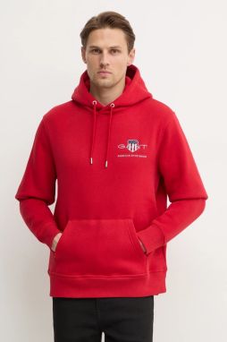 Mikina Gant pánska, červená farba, s kapucňou, s nášivkou
