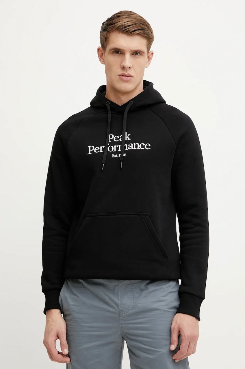 Mikina Peak Performance pánska, čierna farba, s kapucňou, s nášivkou
