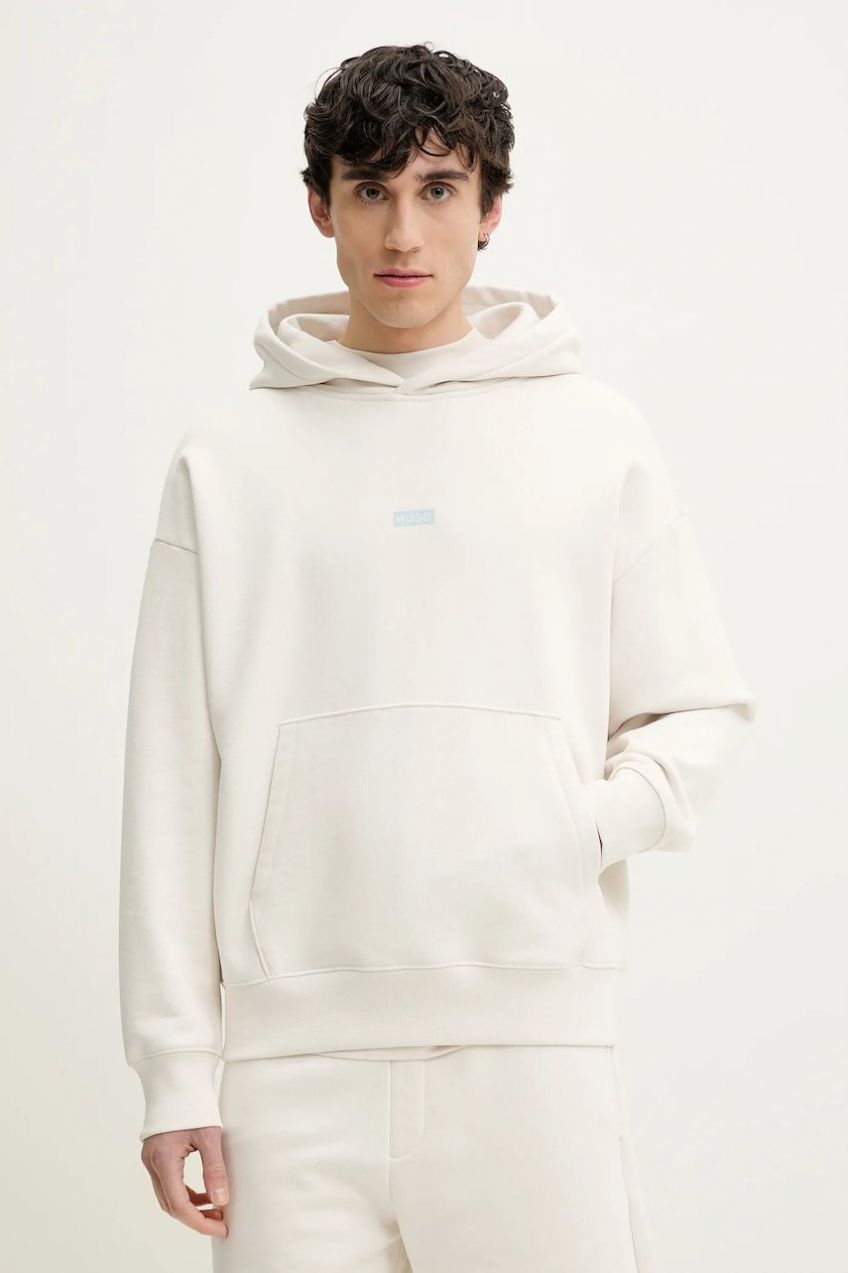 Bavlnená mikina Hugo Blue Nazardo pánska, béžová farba, s kapucňou, s potlačou, 50510724