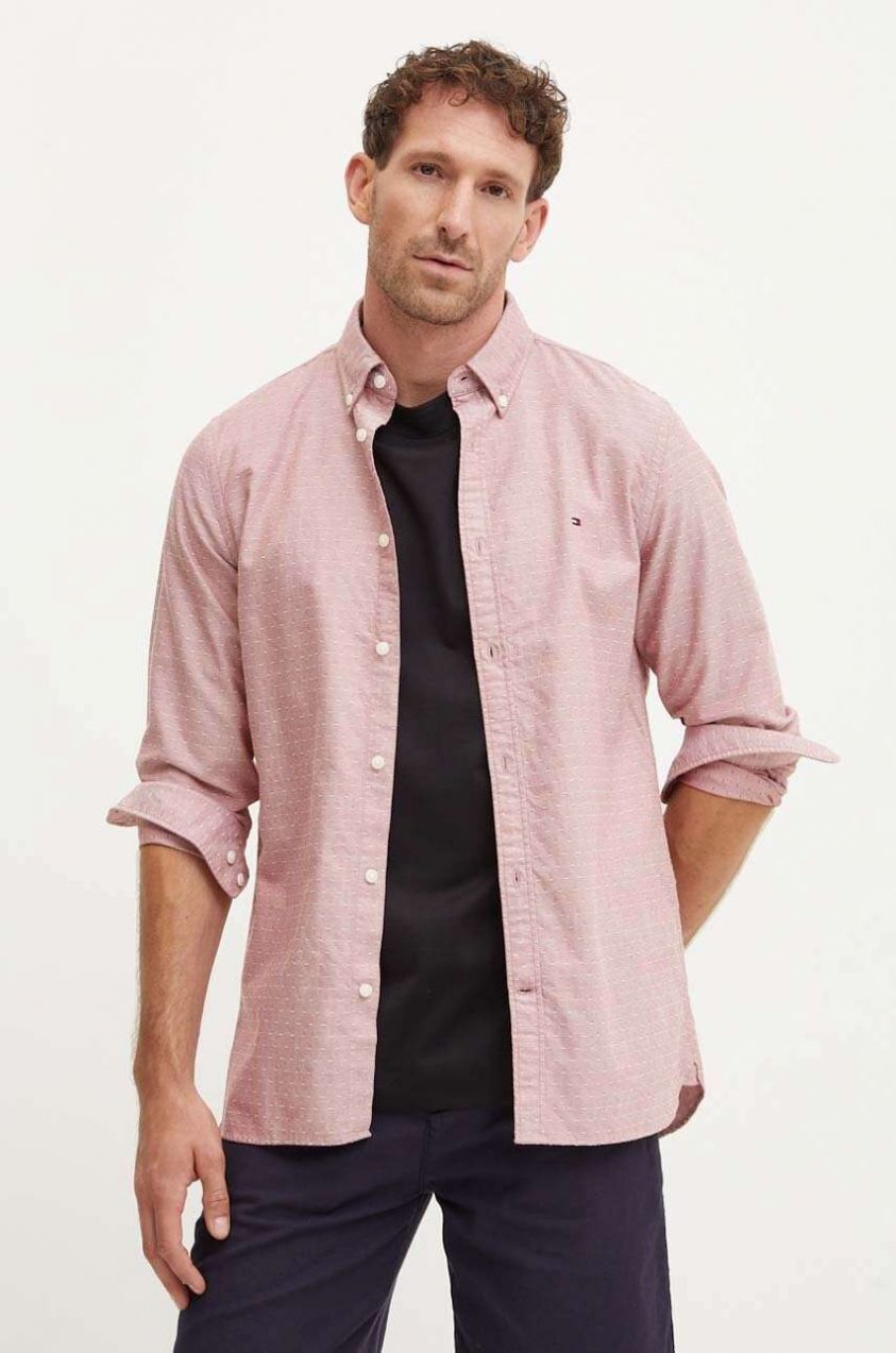 Bavlnená košeľa Tommy Hilfiger pánska, červená farba, slim, s golierom button-down, MW0MW35769