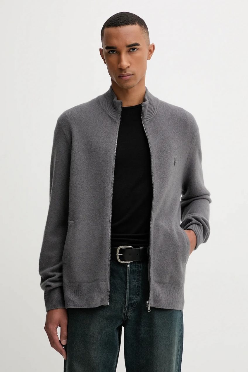 Kardigan s prímesou vlny AllSaints šedá farba, M073KB